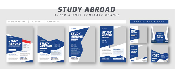 Wall Mural - Study abroad flyer, higher education flyer, school admission flyer template bundle, education banner social media post template set