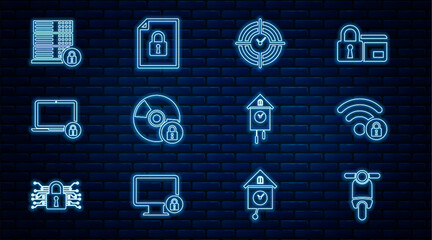 Poster - Set line Scooter, Wifi locked, Time Management, CD or DVD disk with, Laptop and, Server security, Retro wall watch and Document icon. Vector