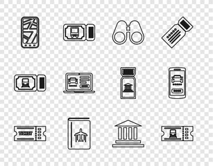 Sticker - Set line Ticket, Train ticket, Binoculars, Cover book travel guide, Infographic of city map, Online car sharing, Museum building and icon. Vector