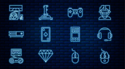 Poster - Set line Computer mouse gaming, Headphones, Gamepad, Playing card with diamonds, Video game console, Racing simulator cockpit, Create account screen and Joystick for arcade machine icon. Vector