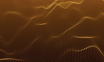 Poster - Wave of particles. Futuristic dots pattern on dark background. Big data digital code. Technology or Science Banner. 3D rendering. Vector illustration.