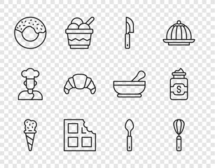 Canvas Print - Set line Ice cream in waffle cone, Kitchen whisk, Knife, Chocolate bar, Donut, Croissant, Spoon and Jar of sugar icon. Vector