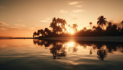 Wall Mural - Caribbean sunset palm trees, orange sky, tranquil waters, idyllic vacation generated by AI