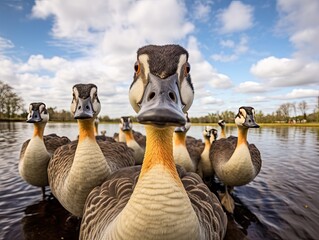 Wall Mural - Close up portrait of a goose. Detailed image of the muzzle. A flock of wild geese swimming in a body of water. Illustration with distorted fisheye effect. Design for cover, card, decor, etc.