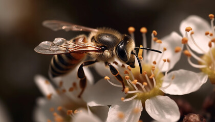 Poster - Busy honey bee collecting pollen from yellow flower in springtime generated by AI