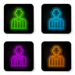 Poster - Glowing neon line Football or soccer referee icon isolated on white background. Black square button. Vector