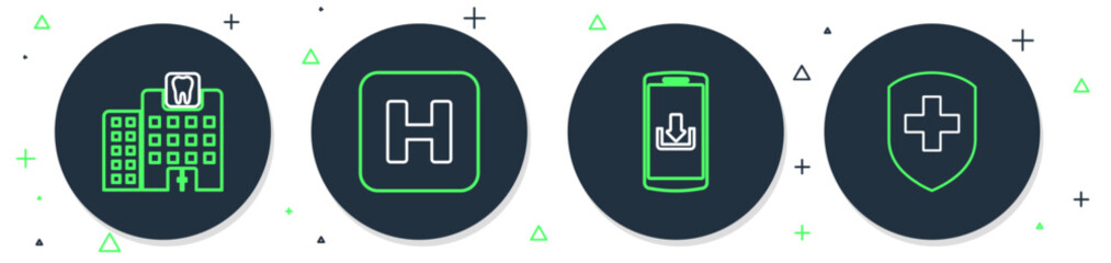 Poster - set line hospital, smartphone with download, dental clinic and medical shield cross icon. vector