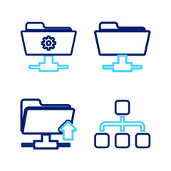 Poster - set line hierarchy organogram chart, ftp folder upload, and settings icon. vector