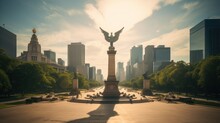 Iconic Angel Of Independence Column In Mexico City With Blue Sky And Downtown Federal Architecture