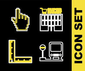 Poster - Set line Supermarket building, Bus stop, Folding ruler and Pixel hand cursor icon. Vector