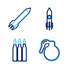 Poster - Set line Hand grenade, Bullet, Nuclear rocket and Rocket icon. Vector