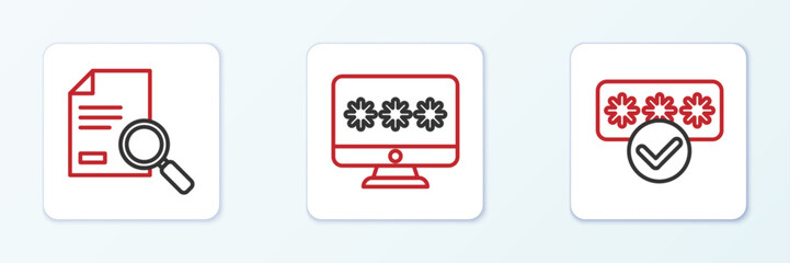 Poster - Set line Password protection, Document with search and Monitor password icon. Vector
