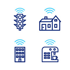 Poster - Set line Smart coffee machine, home with wireless, and traffic light icon. Vector