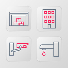 Poster - Set line Water tap, Security camera, House and Warehouse icon. Vector