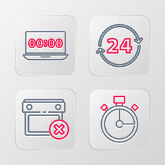 Poster - set line stopwatch, calendar date delete, clock 24 hours and on laptop icon. vector