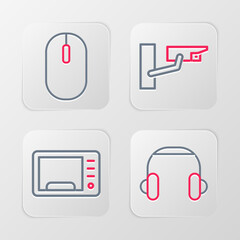Poster - set line headphones, microwave oven, security camera and computer mouse icon. vector