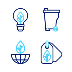 Poster - set line tag with leaf, earth globe and plant, trash can and light bulb icon. vector