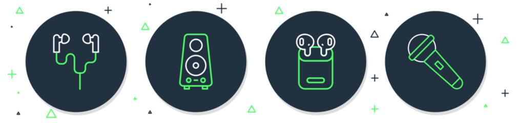 Poster - set line stereo speaker, air headphones in box, and microphone icon. vector