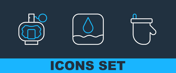 Wall Mural - Set line Sauna mittens, Aftershave and Water drop icon. Vector