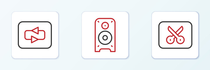 Poster - Set line Music or video editing, Repeat button and Stereo speaker icon. Vector