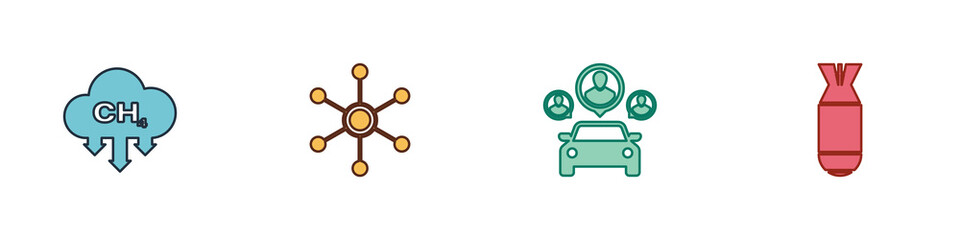 Poster - Set Methane emissions reduction, Network, Car sharing and Aviation bomb icon. Vector