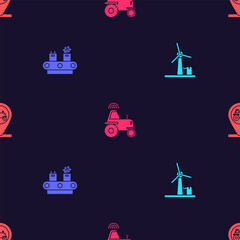 set wind turbine, conveyor belt with box, wireless tractor smart farm and tractor and location on se
