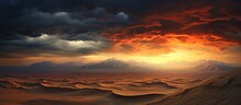 From An Aerial Perspective, High Above The Desert, A Breathtaking View Unfolds Before The Viewer, Showcasing The Grandeur Of The Landscape And The Texture Of The Sand. The Storm Brewing In The