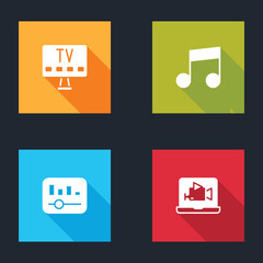 Poster - Set Smart Tv, Music note, tone, equalizer and Online play video icon. Vector