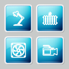 Poster - Set line Table lamp, Heating radiator, Computer cooler and Cinema camera icon. Vector