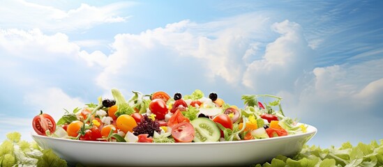 Poster - The white table garden was set with a colorful salad made of fresh, healthy fruits and green vegetables, creating a stunning background of nature and agriculture with pops of red.