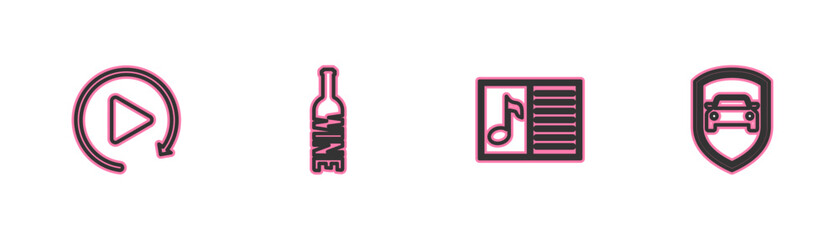 Poster - set line video play button, music book with note, bottle of wine and car protection or insurance ico