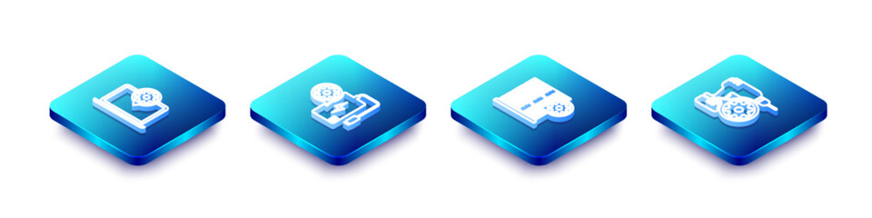 Poster - Set Isometric line Laptop setting, Power bank, Server and Drill machine icon. Vector