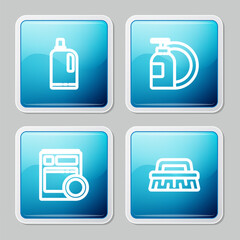 Poster - Set line Fabric softener, Dishwashing liquid bottle and plate, Kitchen dishwasher machine and Brush for cleaning icon. Vector