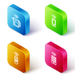 Poster - set isometric line smart electric kettle, wireless smartphone, remote control and home with wireless