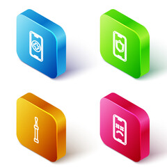 Poster - Set Isometric line Phone repair service, Mobile with shield, Screwdriver and Dead mobile icon. Vector