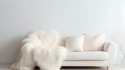 Wall Mural - Cozy cute sofa with white furry sheepskin fluffy throw and pillows against wall with copy space. Hygge, scandinavian home interior design of modern living room