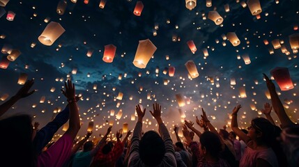 Wall Mural - a crowd of people holding up paper lanterns