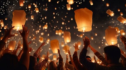 Wall Mural - a group of people holding up paper lanterns