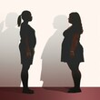 A pair of women silhouettes in a face-to-face stance, one silhouette representing obesity and the other showcasing a slimmer form.