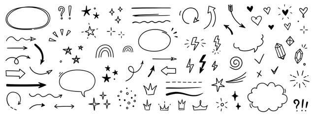 Aufkleber - Sketch line arrow element, star, heart shape. Hand drawn doodle sketch style circle, cloud speech bubble grunge element set. Arrow, star, heart brush decoration. Vector illustration.
