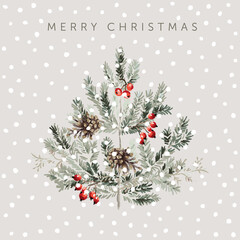 Wall Mural - christmas tree, red berries, cones, text, snow, beige background. design template for the card, post