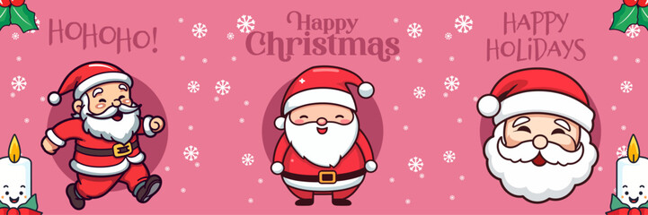 Wall Mural - Collection Christmas Banner Presents Cute Santa Claus, Wishing Everyone a Merry Christmas and a Happy New Year through a Greeting Card. Celebrate the Winter Season with Our Holiday Cartoon Character