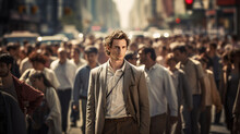 A Young Man Stands In The Middle Of Crowded Street. Alone Man Standing Still On A Busy Street With People Walking Past
