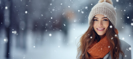 Wall Mural - Portrait of a cheerful beautiful young woman in warm clothes. Outdoor. Winter snowing weather. Smiling and calm. Banner with place for text. Urban snowing winter fashion concept. Generative Ai content