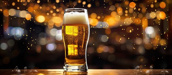 Wall Mural - In the vibrant bar, amidst the shimmering lights and colorful party atmosphere, a golden bottle of beer sat proudly on the white table, its effervescent bubbles dancing within the glass, capturing the