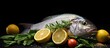 Sea bream with slice lemon, herbs vegetables on plate isolated black background