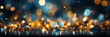 Panoramic background with blue gold bokeh effect. Golden abstract lights on dark Holiday illumination and decoration concept