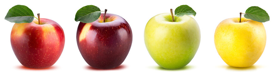 Wall Mural - A set of four apples of different colors and different varieties isolated on a white background.