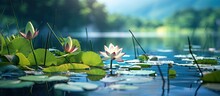 In The Calm And Peaceful Embrace Of Nature's Lake, A Pond Adorned With Dreamy Lily Pads Creates A Calming And Serene Environment, With The Shallow Focus Magnifying The Beauty Of Each Delicate Lily In