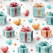 Wrapping Paper Pattern With Present Box, Star, Balloon On White Background, In A Pastel Vector Style For A Festive Look